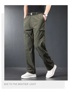 Men's olive green quick-dry outdoor cargo pants with tactical belt and side pockets