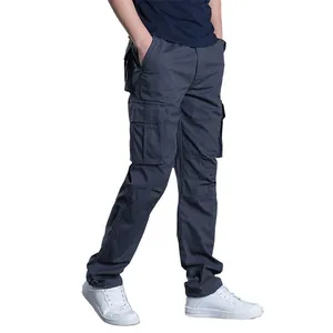 Men's dark grey multi-pocket fleece cargo pants with loose straight fit design for winter