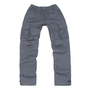 Men's grey multi-pocket cargo pants with elastic waist and adjustable drawstring hem