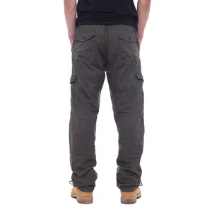 Rear view of men's loose-fit cotton cargo pants with multiple utility pockets and elastic waist