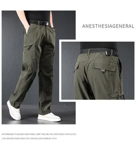 Close-up of olive green cargo pants details and hemp fabric features