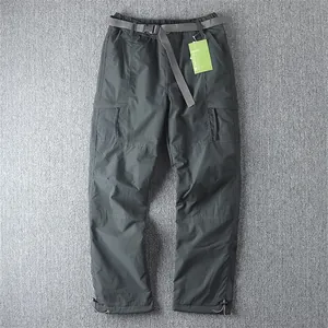Full view of men's charcoal grey straight-leg cargo pants with adjustable belt