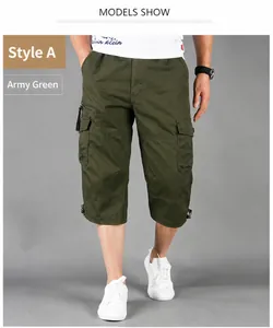 Army green men's cargo cropped pants with multi-pockets and drawstring hem details