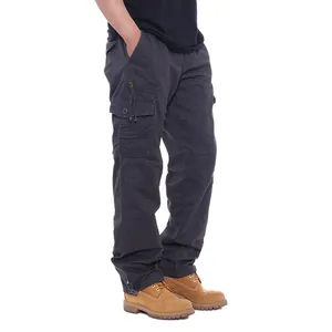 Side view of men's loose fit pure cotton cargo pants featuring multiple functional pockets