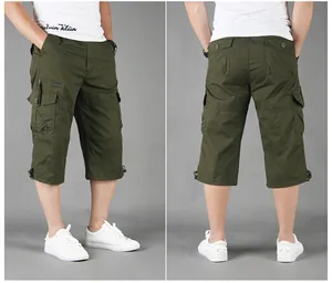 Detailed front and back views of men's loose olive green multi-pocket cargo shorts