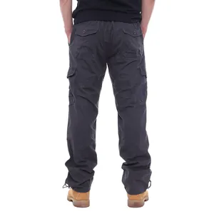Detailed back view of men's loose cotton cargo pants with multiple pockets and drawstring hem