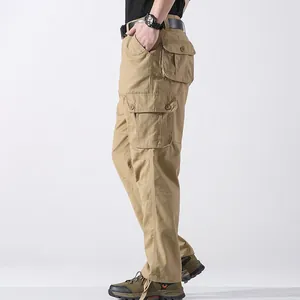 Pantalones cargo caqui para hombre con bolsillos, estilo recto otoño