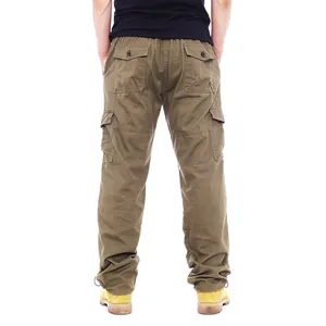 Rear view of men's durable olive cargo pants featuring multiple pockets and elastic waist