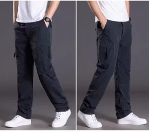 Detailed view of men's straight-leg cargo pants with multi-pockets in dark navy