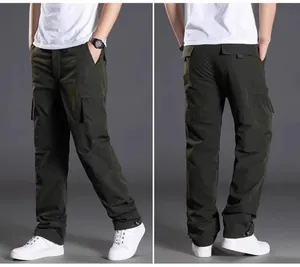 Men's fleece-lined multi-pocket straight leg cargo pants shown in front and back views.