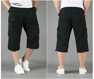 Front and back detail view of men's black multi-pocket cargo shorts for casual outdoor wear.