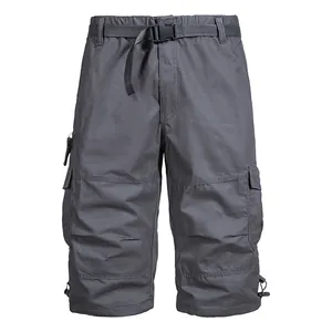 Short cargo décontracté en coton gris pour homme avec ceinture et coupe ample 3/4