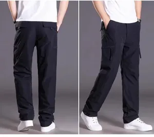 Back and front-side view of men's durable black multi-pocket straight-leg cargo pants