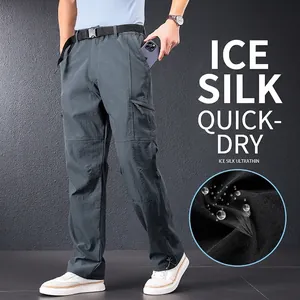 Men's premium ice silk quick-dry cargo pants in dark grey for outdoor summer wear