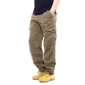 Full view of men's loose cotton cargo pants in khaki with multiple pockets