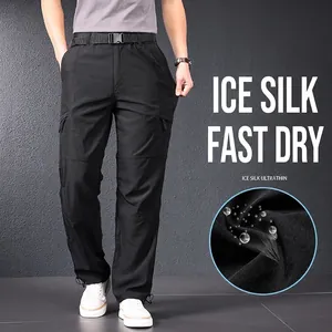 Men's ice silk quick-dry cargo pants in black for outdoor summer wear
