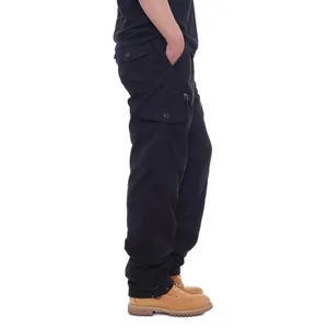 Detailed side view of men's loose fit black cotton cargo pants with functional pockets