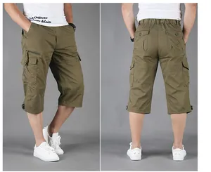Detailed view of olive green cargo shorts with multiple pockets and relaxed fit.