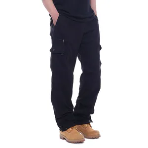 Black men's pure cotton cargo pants featuring multiple pockets and a loose fit design