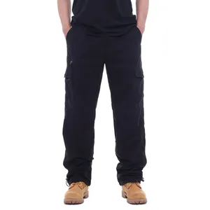 Front view detail of men's black cotton cargo pants with multiple pockets on a model.