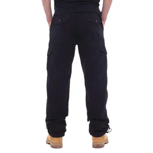 Back view of durable men's black pure cotton cargo pants with functional cargo pockets