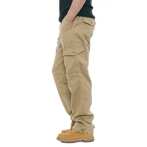 Side view detail of men's khaki cotton cargo pants with large functional side pockets.