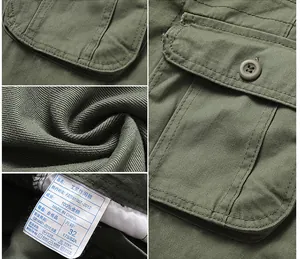 Detailed view of the 100% cotton fabric texture and pocket on men's army green cargo pants