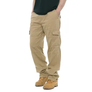 Detailed view of men's loose fit cotton cargo pants in khaki with multiple pockets