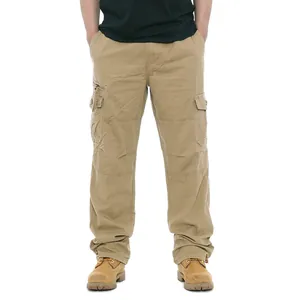 Detailed front view of men's khaki pure cotton cargo pants with multiple pockets design