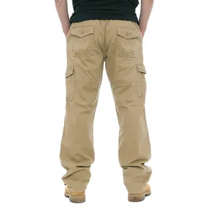 Detailed back view of men's khaki pure cotton cargo pants with multi-pockets and elastic waist