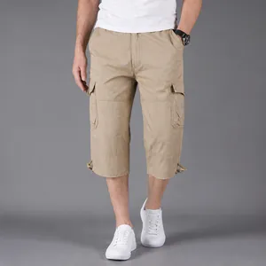 Men's khaki cargo shorts 3/4 length with multi-pockets and drawstring hem