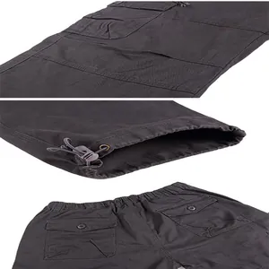 Close-up details of men's gray cotton cargo pants with pockets and drawstring.