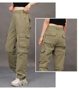Detailed view of functional mountain cargo pants with pockets and detachable design