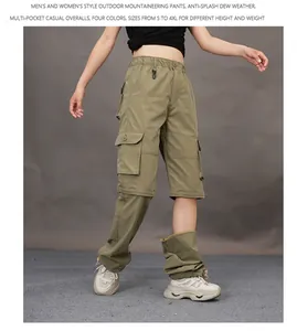 Detail view of green detachable cargo pants showing convertible legs for outdoor hiking