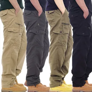 Men's Pure Cotton Cargo Pants Multi-Pocket Loose Fit Casual Work Trousers Elastic Waist Drawstring Hem Straight Leg Trousers