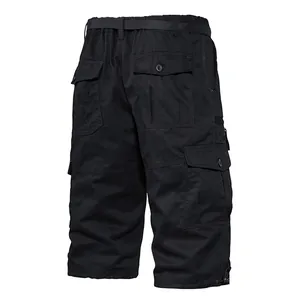 Short cargo noir pour homme en coton avec plusieurs poches et une ceinture ajustable