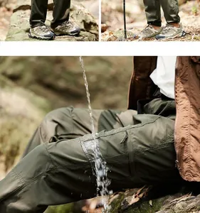 Detailansicht der wasserabweisenden olivgrünen Outdoor-Wanderhose im Einsatz im Freien