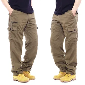 Men's pure cotton cargo pants with multi-pocket design in olive green relaxed fit