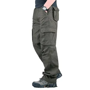 Durable military green multi-pocket cargo pants for men with a loose straight-leg fit