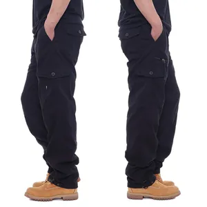 Loose fit men's black cotton cargo pants with multiple pockets and drawstring hems