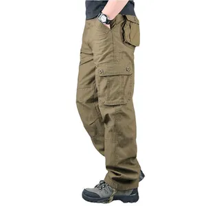 Loose multi-pocket khaki cargo pants for men with straight-leg workwear design