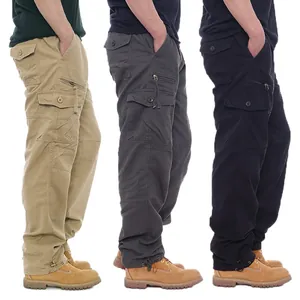 Three colors men's pure cotton loose cargo pants with multi-pockets for casual wear