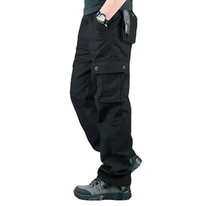 Men's durable black multi-pocket cargo pants with a loose straight-leg fit for work