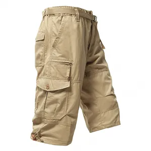 Short cargo décontracté en pur coton pour hommes en kaki avec poches et ceinture