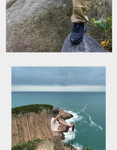 Pantalon de randonnée kaki pour femme dans un décor pittoresque de falaise côtière