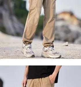 Detailansicht der khakifarbenen Outdoor-Cargohose für Herren zum Wandern am Strand