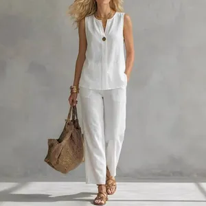 Women Casual Sleeveless Stand Collar V-Neck Top And Bottom Set Polyester Solid Color Summer Vacation Outfits Two Piece Set