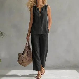 Elegant sleeveless black linen-like two-piece set for women featuring wide-leg trousers