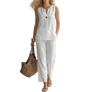 Casual two-piece sleeveless white linen shirt and wide-leg pants set for women