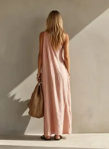 Elegant pink one-shoulder sleeveless long dress back view with linen texture detail